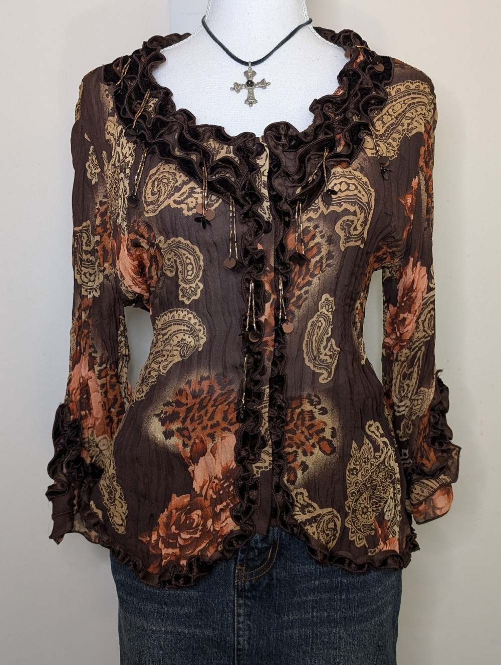 Floral Paisley Ruffle-Trim Button Front Blouse - Brown